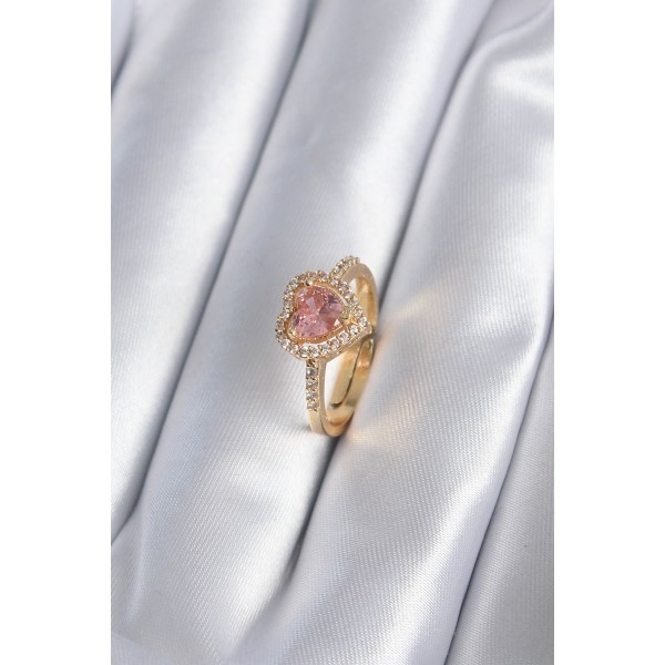 Pirinç Gold Renk Pembe Zirkon Taş Kalp Charm Model Kadın Yüzük - TJ-BYK2860