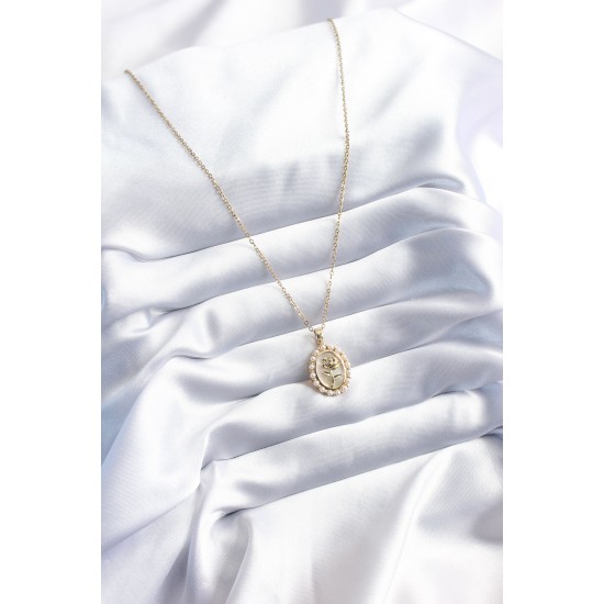 316L Çelik Gold Renk Gül Model İnci Detay Kadın Kolye - TJ-BKO8094