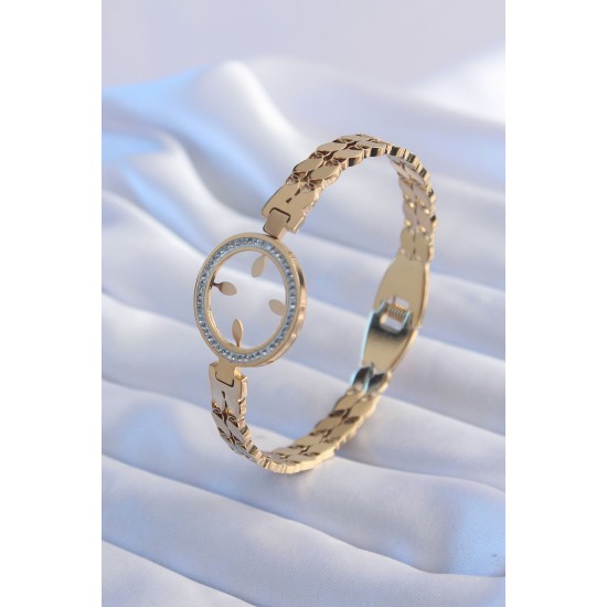 toptan-xml-dropshipping-316L Çelik Gold Renk Arpa Model Zirkon Taş Detay Çeyrk Takılabilen Kadın Kelepçe - TJ-BB5718