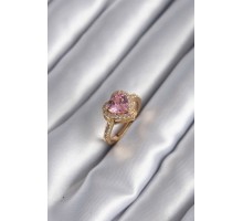 Pirinç Gold Renk Pembe Zirkon Taşlı Charm Kalp Model Kadın Yüzük - TJ-BYK2951