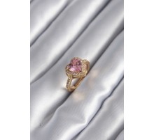Pirinç Gold Renk Pembe Zirkon Taşlı Charm Kalp Model Kadın Yüzük - TJ-BYK2951