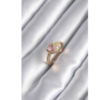 Pirinç Gold Renk Pembe Zirkon Taş Kalp Charm Model Kadın Yüzük - TJ-BYK2957