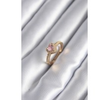 Pirinç Gold Renk Pembe Zirkon Taş Kalp Charm Model Kadın Yüzük - TJ-BYK2957