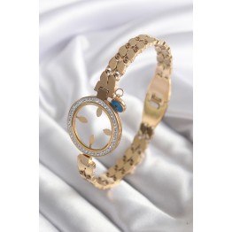 316L Çelik Gold Renk Arpa Model Zirkon Taş Detay Altın Takılabilir Kadın Kelepçe - TJ-BB5765