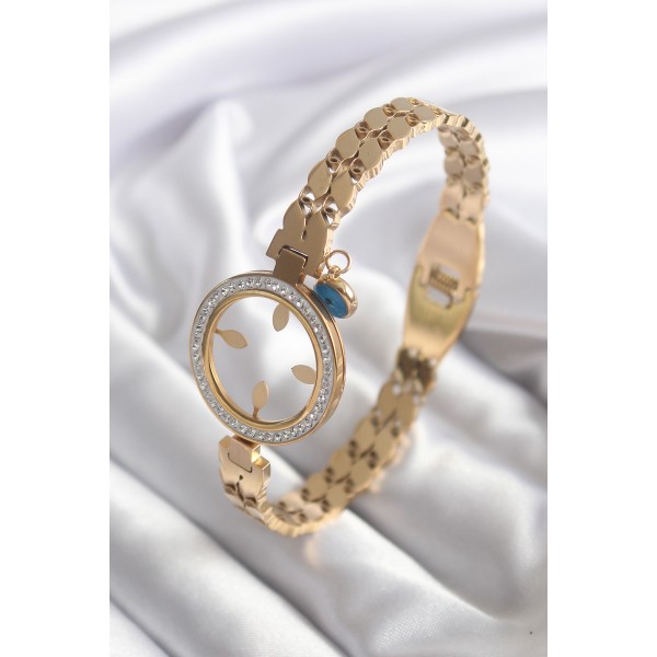 toptan-xml-dropshipping-316L Çelik Gold Renk Arpa Model Zirkon Taş Detay Altın Takılabilir Kadın Kelepçe - TJ-BB5765