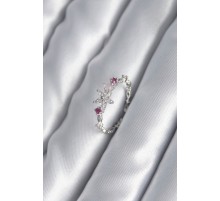 Pirinç Gümüş Renk Zirkon Taşlı Çiçek Model Pembe Zirkon Taş Detay Kadın Yüzük - TJ-BYK2984