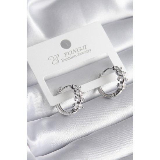 Pirinç Gümüş Renk Zirkon Taşlı Kadın Küpe - TJ-BKP8355