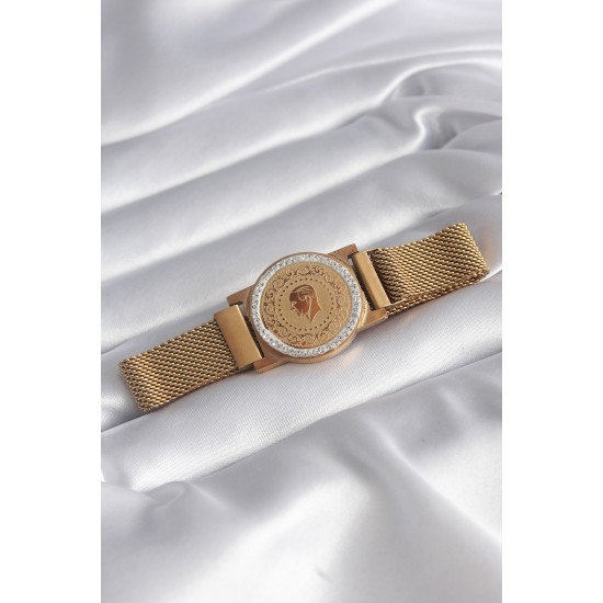 toptan-xml-dropshipping-316L Çelik Gold Renk Mıknatıslı Hasır Zirkon Taşlı Çeyrk Altın Model Kadın Bileklik - TJ-BB5820