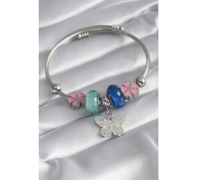 316L Çelik Gümüş Renk Kristal Taşlı Zirkon Taşlı Kelebek Figür Charm Kadın Bileklik - TJ-BB5831