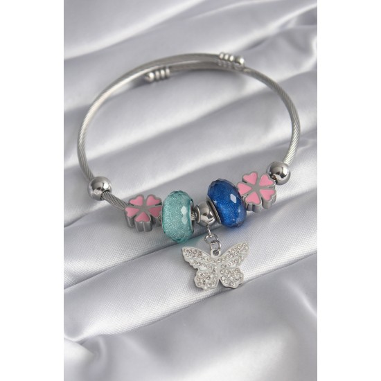 toptan-xml-dropshipping-316L Çelik Gümüş Renk Kristal Taşlı Zirkon Taşlı Kelebek Figür Charm Kadın Bileklik - TJ-BB5831