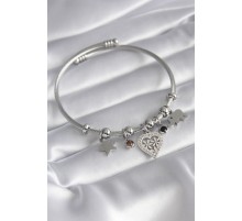 316L Çelik Gümüş Renk Zirkon Taşlı Kalp Figür Fil Detay Charm Model Kadın Bileklik - TJ-BB5835