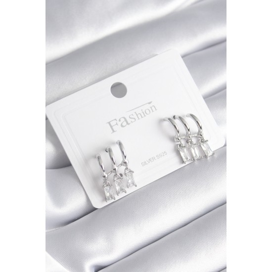 Pirinç Gümüş Renk 3'lü Sallantı Zirkon Taşlı Küpe - TJ-BKP8421