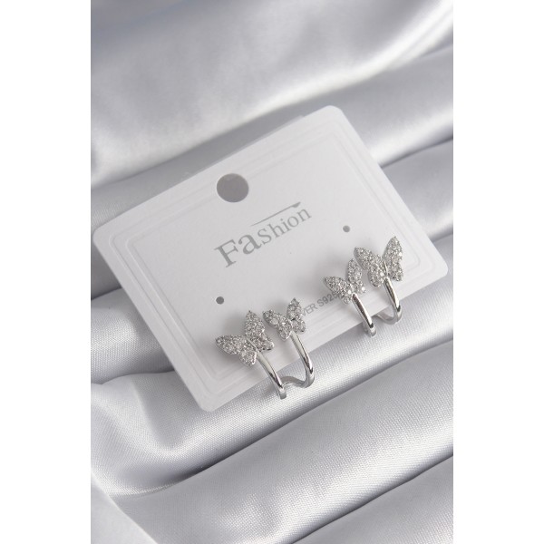 Pirinç Gümüş Renk Zirkon Taşlı Kelebek Model Kadın Küpe - TJ-BKP8423