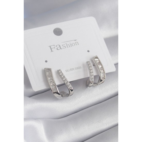 Pirinç Gümüş Renk Zirkon Taşlı Kadın Küpe - TJ-BKP8447