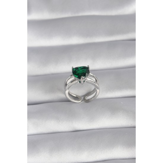 Pirinç Gümüş Renk Yeşil Zirkon Taşlı Tek Taş Model Kadın Yüzük - TJ-BYK3026