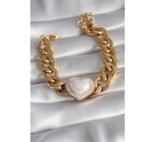 316L Çelik Gold Renk Pembe 3D Kalp Model Zirkon Taşlı Kadın Bileklik - TJ-BB5923