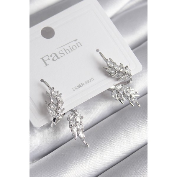 Pirinç Gümüş Renk Zirkon Taşlı Yaprak Model Kadın Küpe - TJ-BKP8608