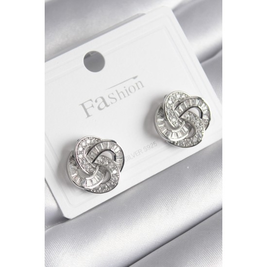 Pirinç Gümüş Renk Zirkon Taşlı Sarmal Model Kadın Küpe - TJ-BKP8616