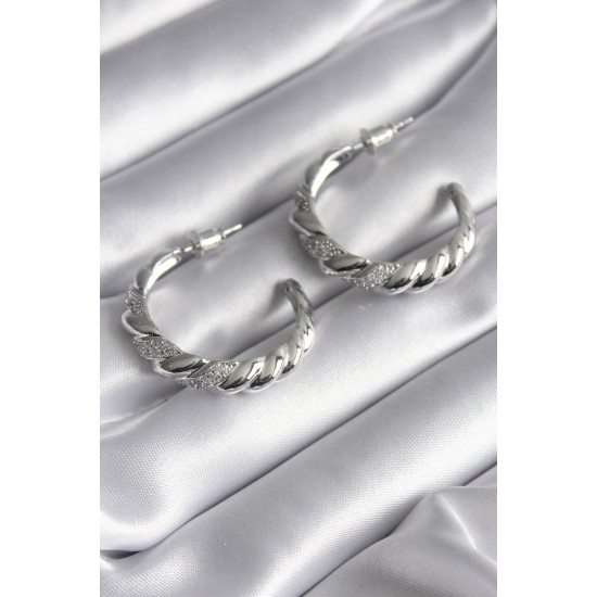 Pirinç Gümüş Renk Zirkon Taşlı Sarmal Model Kadın Küpe - TJ-BKP8618