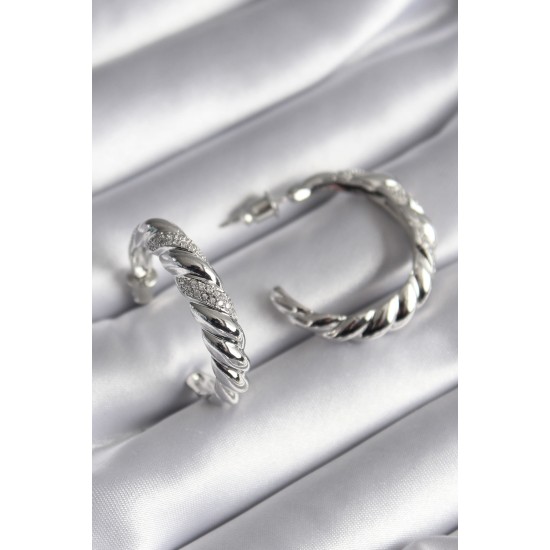 Pirinç Gümüş Renk Zirkon Taşlı Sarmal Model Kadın Küpe - TJ-BKP8618