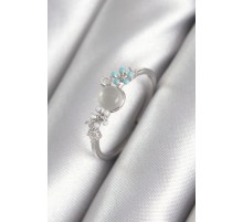 Pirinç Gümüş Renk Zirkon Taş Detaylı Beyaz Sedefli Çiçek Model Kadın Yüzük - TJ-BYK3044