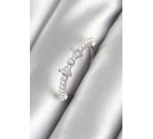 Pirinç Gümüş Renk Zirkon Taşlı Kurdele Model İnci Detay Kadın Yüzük - TJ-BYK3060