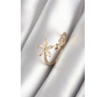 Pirinç Gold Renk Zirkon Taşlı Çiçek Model Kalp Detay Kadın Yüzük - TJ-BYK3069