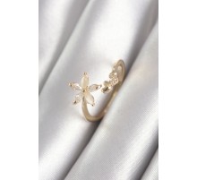 Pirinç Gold Renk Zirkon Taşlı Çiçek Model Kalp Detay Kadın Yüzük - TJ-BYK3069