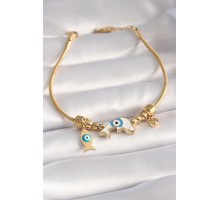 316L Çelik Gold Renk Balık Figür Nazar Boncuk İşleme Kadın Bileklik - TJ-BB5954