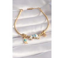 316L Çelik Gold Renk Balık Figür Nazar Boncuk İşleme Kadın Bileklik - TJ-BB5954