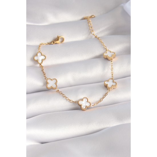 316L Çelik Gold Renk Beyaz Yonca Model Kadın Bileklik - TJ-BB5963