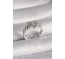 Pirinç Gümüş Renk Zirkon Taşlı Kalp Model Kadın Yüzük - TJ-BYK3093