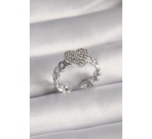 Pirinç Gümüş Renk Zirkon Taşlı Kalp Model Kadın Yüzük - TJ-BYK3093