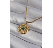 316L Çelik Gold Renk Yeşil Taşlı Kutup Yıldızı İşleme Madalyon Model Kadın Kolye - TJ-BKO8355