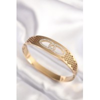 316L Çelik Gold Renk Zirkon Taşlı Kadın Kelepçe Bilezik TJ-BB6022