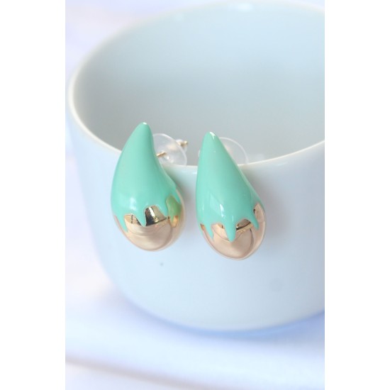 Minimal Turkuaz Mineli Çift Renk Damla Küpe - TJ-BKP8867