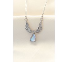 316L Zinciri Çelik Zirkon Taşlı Gümüş Renk Kanatlı Damla Kolye - TJ-BKO8488