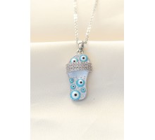 316L Zinciri Çelik Zirkon Taşlı Gümüş Renk Nazar Boncuklu Terlik Kolye - TJ-BKO8495