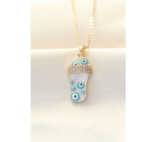 316L Zinciri Çelik Zirkon Taşlı Gold Renk Nazar Boncuklu Terlik Kolye - TJ-BKO8496