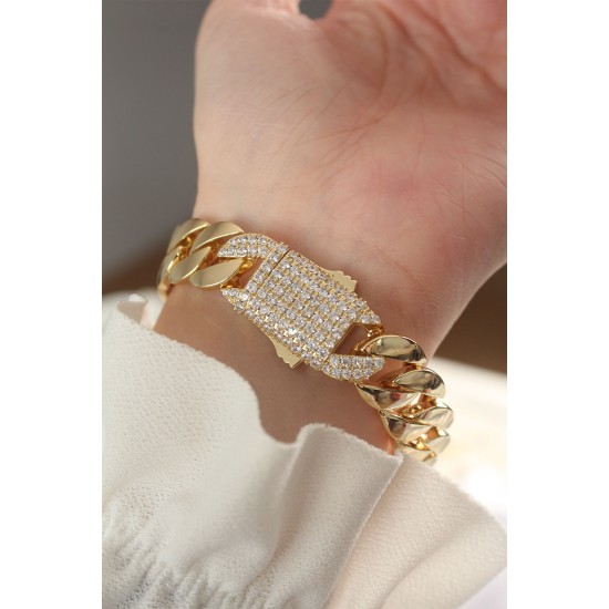 Vip Seri Pirinç Ortası Zirkon Taşlı Gold Renk Gurmet Bileklik - TJ-BB6048