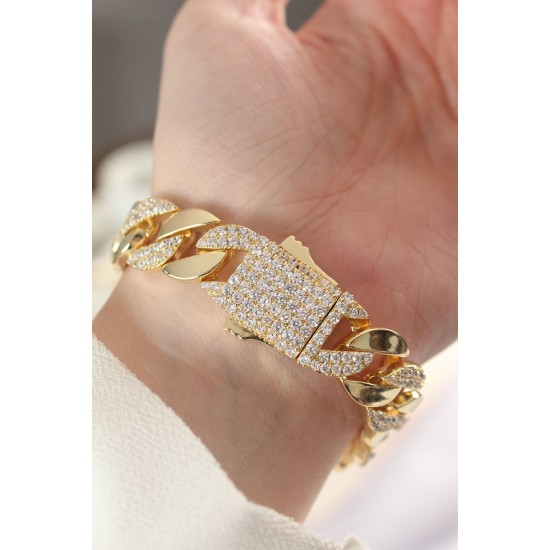Vip Seri Pirinç Zirkon Taşlı Gold Renk Gurmet Bileklik - TJ-BB6049