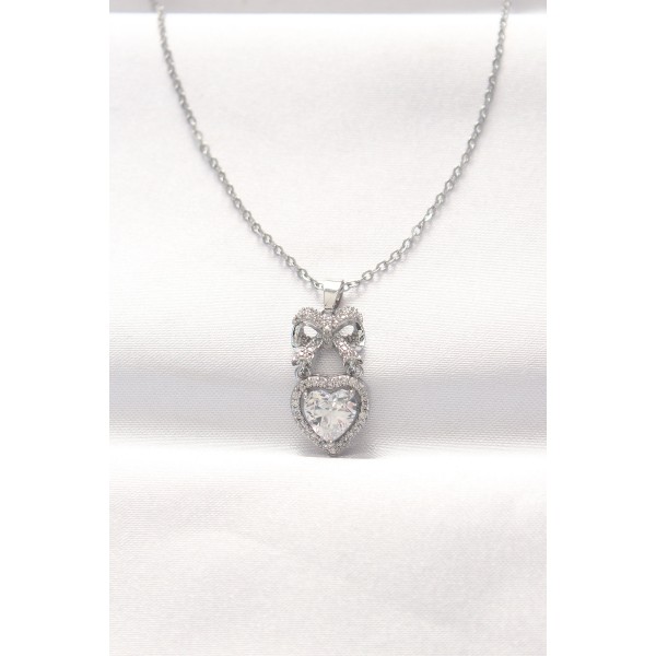 316L Çelik Silver Renk Zirkon Taşlı Kalpli Fiyonk Kolye - TJ-BKO8519