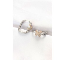 Pirinç Çift Renk Taşlı X Tasarımlı Dikdörtgen Küpe - TJ-BKP8891