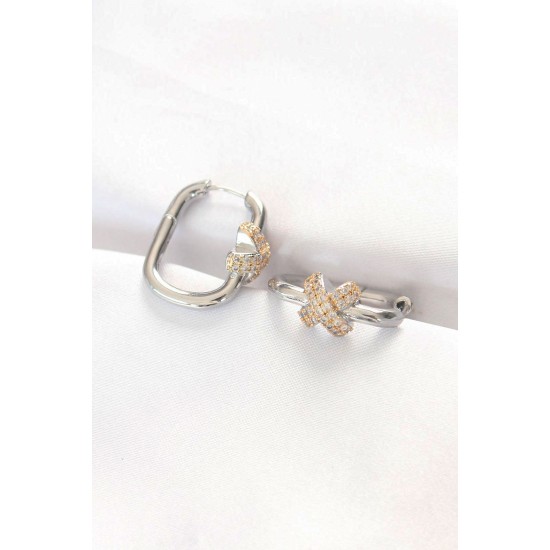 Pirinç Çift Renk Taşlı X Tasarımlı Dikdörtgen Küpe - TJ-BKP8891