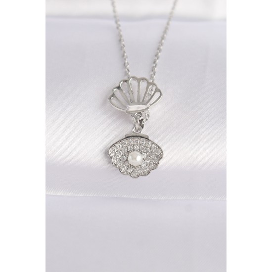 316L Çelik Zincir Gümüş Renk Zirkon Taşlı İnci Detay İstiridye Kolye - TJ-BKO8600
