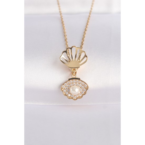 316L Çelik Zincir Altın Renk Zirkon Taşlı İnci Detay İstiridye Kolye - TJ-BKO8601