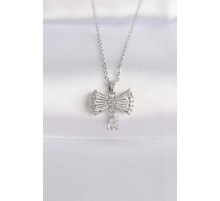 316L Çelik Zincir Gümüş Renk Zirkon Taşlı Kalp Detay Fiyonk Kolye - TJ-BKO8602