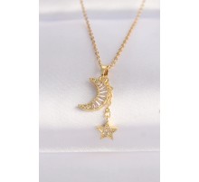 316L Çelik Zincir Altın Renk Zirkon Taşlı Ay Yıldız Kolye - TJ-BKO8626