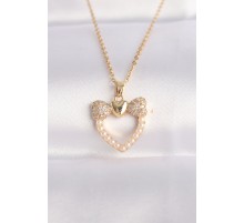 316L Çelik Zincir Altın Renk İnci Taş Detay Zirkon Taşlı Kalp Kolye - TJ-BKO8630