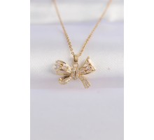 316L Çelik Zincir Altın Renk Zirkon Taşlı Fiyonk Kolye - TJ-BKO8652